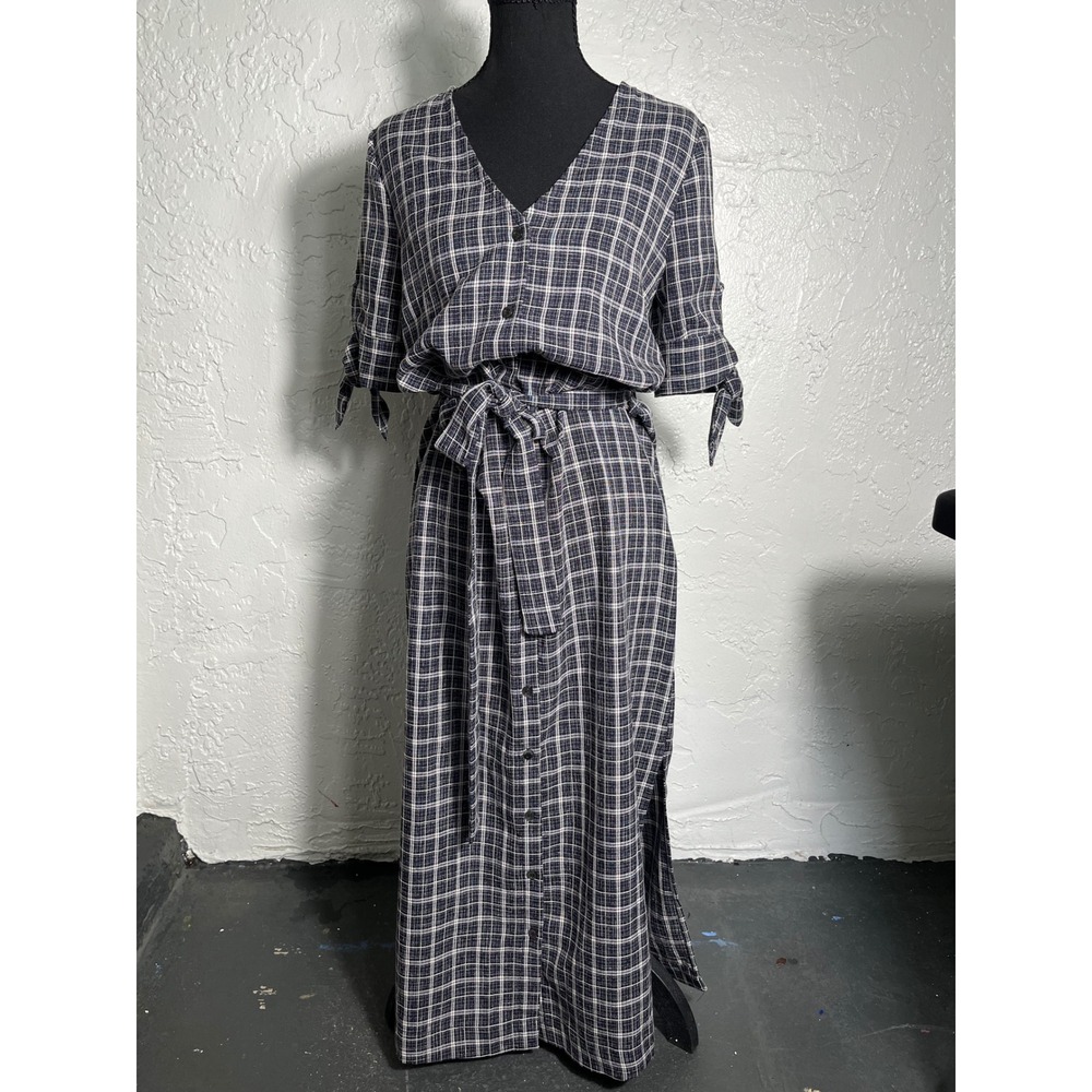 Moon River Plaid Midi Shirt Dress S Navy Tie Waist Button Front Dark Academia